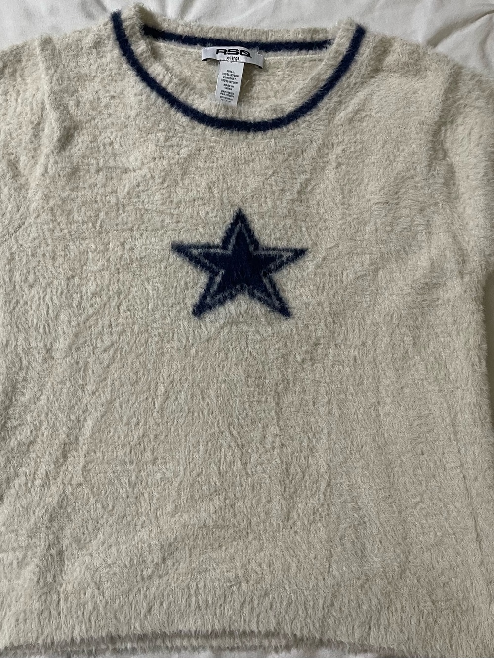 Tilly's Ivory Fuzzy Crewneck with Navy Trim